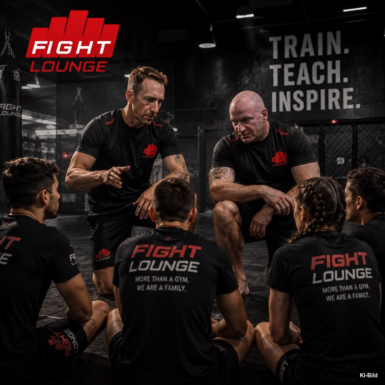 Headcoach Mark und Headcoach Franek erklären einer Trainingsgruppe in der Fight Lounge Techniken. Train. Teach. Inspire.