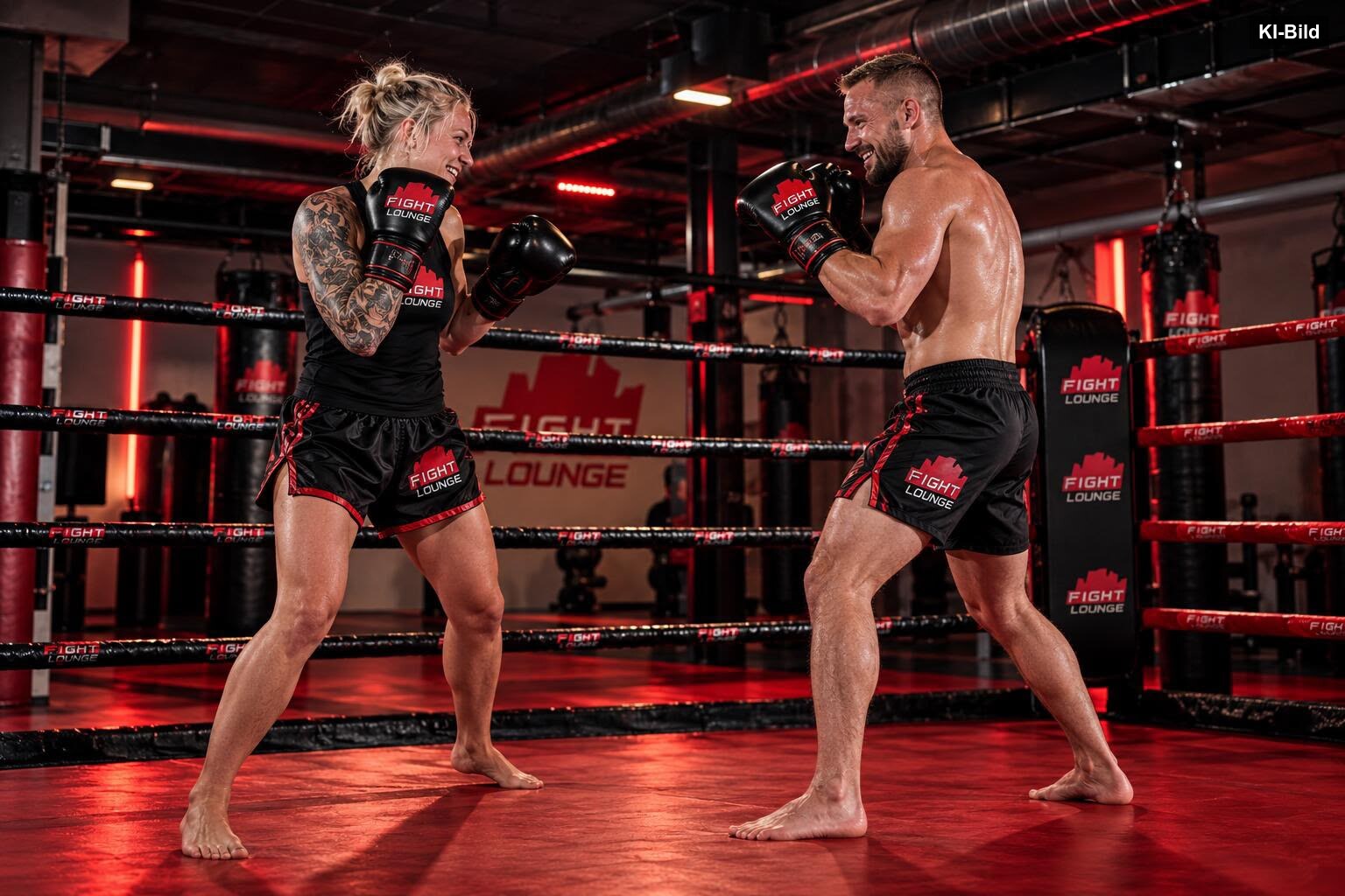 Box-Sparring im Ring: Trainingspartnerin und Trainingspartner stehen sich in Deckung gegenüber
