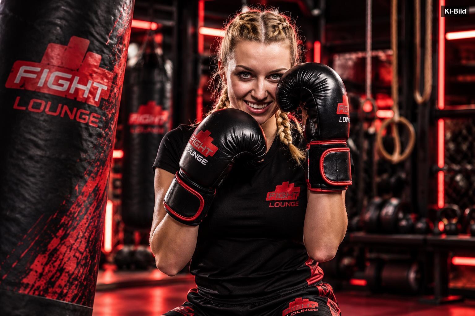 Ladies Lounge: Sportlerin mit Boxhandschuhen in Deckung neben dem Sandsack